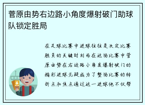 菅原由势右边路小角度爆射破门助球队锁定胜局