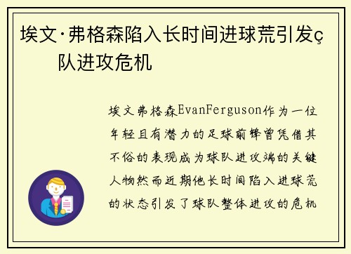 埃文·弗格森陷入长时间进球荒引发球队进攻危机